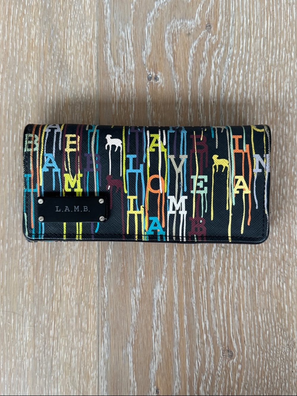 L.A.M.B. Black Zip Wallet with Multicolor Drip Letter Print